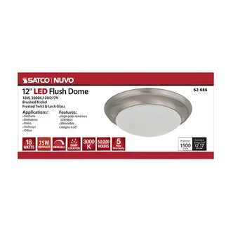 Satco Nuvo LED Flush Mount Ceiling Light, Twist-Lock, 12 in, 18W, Brushed Nickel, Frosted Glass