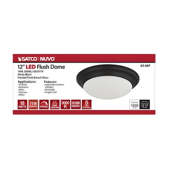 Satco Nuvo Flush Mount, Twist And Lock, 12" W x 5" D, 18W, Matte Black, Frosted Glass