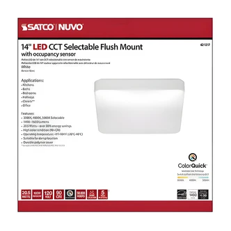 Satco Acrylic LED Flush Mount Ceiling Fixture, Square, ColorQuick Selectable CCT, Damp Location, 16" W x 16" H