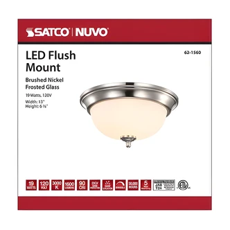 Satco Nuvo LED Flush Mount, Brushed Nickel, Frosted Glass, 13" Dia, 19W