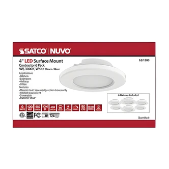 Satco LED Surface Mount Fixture, 4 in, White, Dimmable, Wet Location Rated, 6/CT