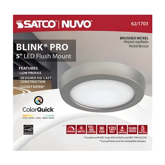 Satco BLINK Pro LED Flush Mount, 5 in Round, Brushed Nickel, CCT Selectable, Wet Location, ENERGY STAR