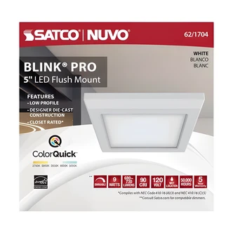 Satco Blink Pro LED Ceiling Fixture, 5" Sq, White, CCT Selectable, Wet Location Certified