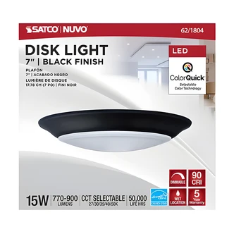 Satco LED Disk Light, 7 in, Black, CCT Selectable, ColorQuick, Wet Location, 93 CRI