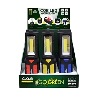 GoGreen Power Worklight Flashlight, COB LED, Magnetic Swivel Base, Hook, Red Strobe, Black/Blue/Yellow, 12/CS