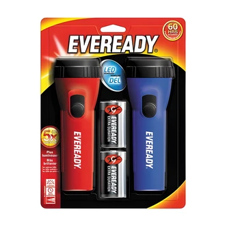 Eveready D Flashlights, 2/PK, Carbon Zinc, Anti-Roll, Ribbed Casing, Non-Slip Grip, Contoured Slide Switch