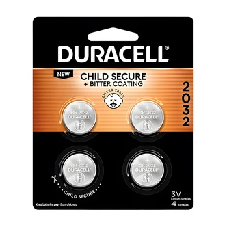 Duracell CR2032 Lithium Coin Battery, 3 V, Bitter Coating, Child-Secure Packaging, 4/PK