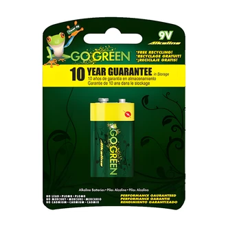 GoGreen Power 9V Alkaline Battery, 10 Year Shelf Life, Lead, Cadmium, Mercury Free