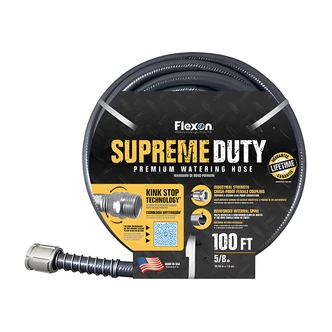 Flexon Supreme Duty Water Hose, 5/8 in x 100 ft, Crush Proof Coupling, Kink Stop, Made in USA