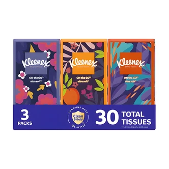 Scott Kleenex On-The-Go Facial Tissues, 3-Ply, 10 Tissues/Box, 3/PK