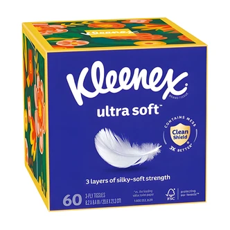 Scott Kleenex Ultra Soft Facial Tissue, 3-Ply, Cube Box, 60 Tissues/Box