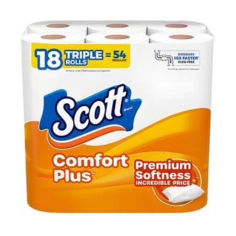 Scott ComfortPlus Toilet Paper, 18 Mega Rolls, 1-Ply, 310 Sheets/Roll, Clog-Free, 18/PK