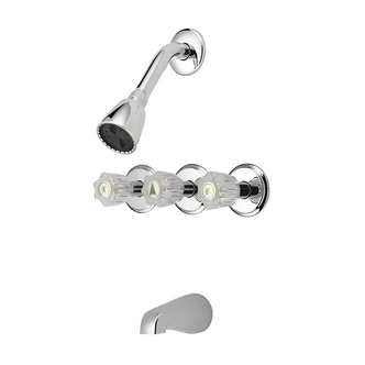 B&K / Mueller Industries Tub And Shower Valve, 3 Handle, Acrylic Handles, Brass Waterways, 8 in Center Distance