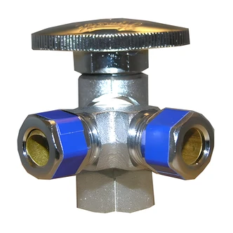 Larsen Supply 3-Way Angle Stop Valve, Quarter Turn, 1/2 in IP X 3/8 in C, Chrome Plated Brass