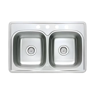 Compass Manufacturing, Double Bowl Top Mount Sink, 33.5 W x 22.5 D x 8 H, Stainless Steel, 20 Gauge, 4 Holes