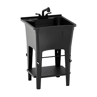 Zenna Home Laundry Tub, Freestanding, Black, 24 W x 20 D x 24 H, Pull-Out Faucet, Towel Bar, Scrub Board