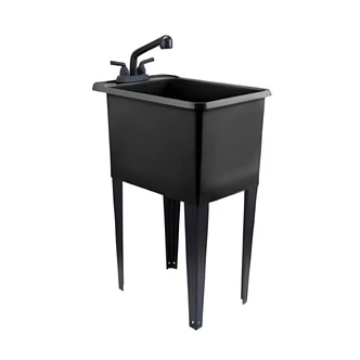 Coda Resources Narrow Utility Tub, Black, 15 W x 18 D x 24 H, Pull-Out Faucet, Drain Kit, Supply Lines, Garden Hose Adapter