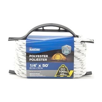 KingCord Diamond Braid Polyester Rope, 1/4 in x 50 ft, White