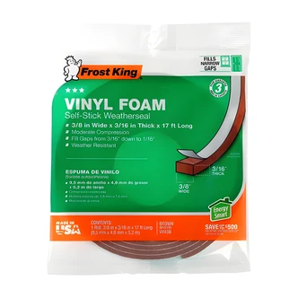 Frost King Vinyl Foam Tape, 3/8" x 3/16" x 17 ft, Gray, Door and Window Seal