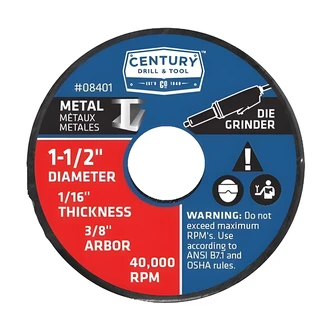 Century Drill & Tool Cutoff Wheel, 3" x 1/8", For Die Grinders, Metal Type 1, Stainless Steel, Iron