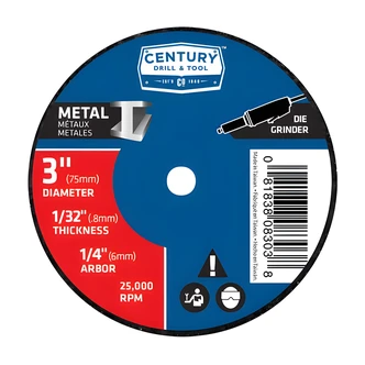 Century Drill & Tool Metal Cutoff Wheel, 3 x 1/4 in, Aluminum Oxide, Fiberglass Reinforced, For Ferrous Metals, Stainless Steel