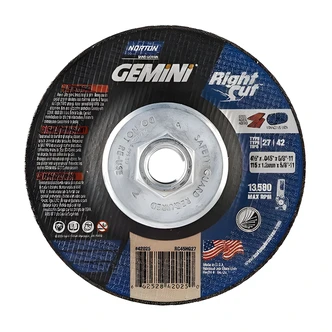 Norton Gemini RightCut Cutting Wheel, 4.5 in, Aluminum Oxide, Depressed Center, For Steel, Ferrous Metals
