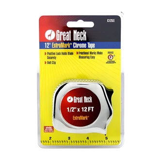 Great Neck Chrome Power Tape, Measuring Tape, 1/2 in x 12 ft, Rubber Grip, Slim Profile, Positive Blade Lock, Belt Clip