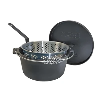 Barbour International Dutch Oven, 20 qt, Cast Iron, Lid, Fry Basket, Wire-Style Handle, Legless