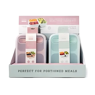 DM Merchandising Collapsible Silicone Meal Prep Container, 3-Compartment, Reusable Fork/Spoon, 8/CS