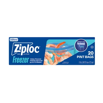 Ziploc Pint Freezer Bags, Double Zipper Seal, Freezer Grade Plastic, 20/CT