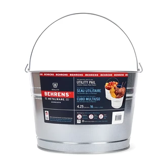 Behrens Galvanized Steel Pail, 4.25 gal, 14" W x 14" D x 33" H, Wire Handle