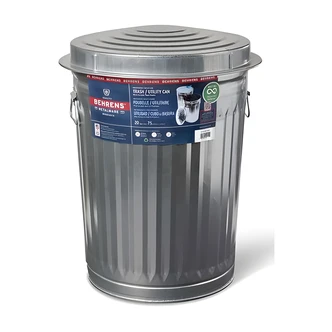 Behrens Trash Can, Steel, With Lid, 20 gal, Galvanized, Wire Handles, Offset Bottom, 18" W x 18" D x 26.5" H