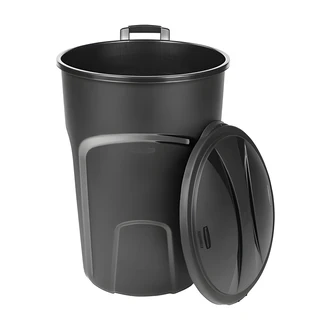 Rubbermaid Roughneck Wheeled Trash Can, 32 Gal, Hinged Lid, Black, Outdoor, 16 W x 17 D x 30 H