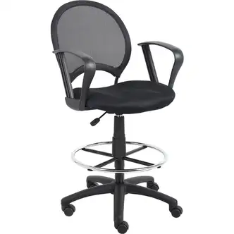 Boss Mesh Drafting Stool, Loop Arms, Padded Seat, Pneumatic Lift, 20" Chrome Footring, 275 lb Capacity, Double-Wheel Casters, 5-Star Base, Black