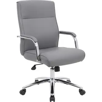 Boss Modern Executive Conference Chair, Gray Vinyl, Pneumatic Gas Lift, Spring-Tilt, Lumbar Support, 275 lb Capacity, Chrome 5-Star Base