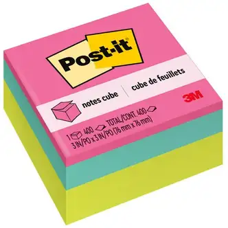 Post-it Super Sticky Notes Cube, 3" x 3", Square, 400 Sheets, Power Pink, Aqua Splash, Acid Lime