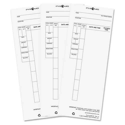 Time Clock Cards for Pyramid Technologies 4000, One Side, 3.5 x 8.5, 100/Pack