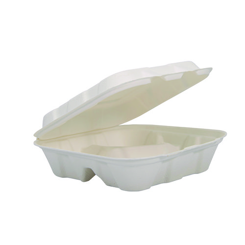 Compostable Molded Fiber Hinged Trays, ProPlanet Seal, 3 Compartments, 8.03 x 8.4 x 1.93, Ivory, 200/Carton