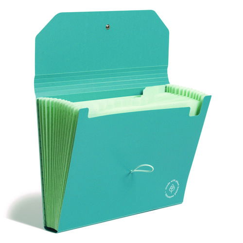 U-Eco 13-Pocket Expandable File, 9.75" Expansion, 13 Sections; Button/Elastic Closure, 1/12-Cut Tabs, Letter Size, Ocean