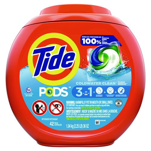 PODS Laundry Detergent, HE Compatible, Clean Breeze, 36 oz Tub, 42 Pacs/Tub, 4 Tubs/Carton