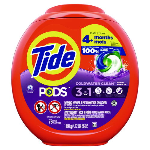 PODS Laundry Detergent, HE Compatible, Spring Meadow, 66 oz Tub, 76 Pacs/Tub, 4 Tubs/Carton