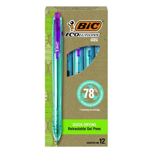 Ecolutions Gel Pen, Retractable, Medium 1 mm, Assorted Ink Colors, Blue Barrel, 12/Pack