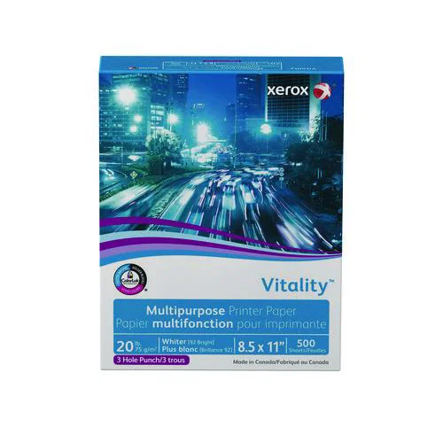 Vitality Multipurpose Print Paper, 92 Bright, 3-Hole, 20 lb Bond Weight, 8.5 x 11, White, 500/Ream