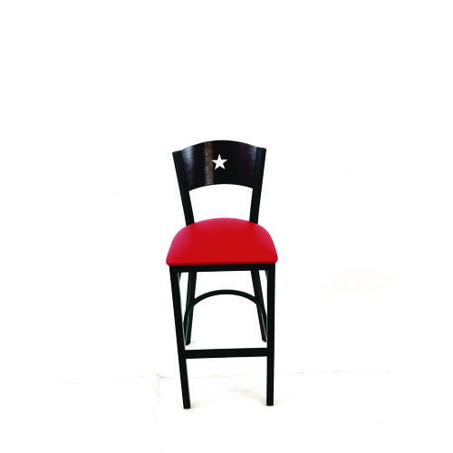 Liberty Series Barstool, Supports Up to 300 lb, 28.5" Seat Height, Red Seat, Dark Mahogany Back, Black Base