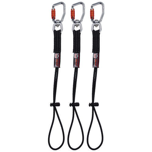 Squids 3714 Elastic Tool Tail Lanyard w/Carabiner and Cinch Loop, 10 lb Max Working Capacity, 15" Long, Black, 3/Pack
