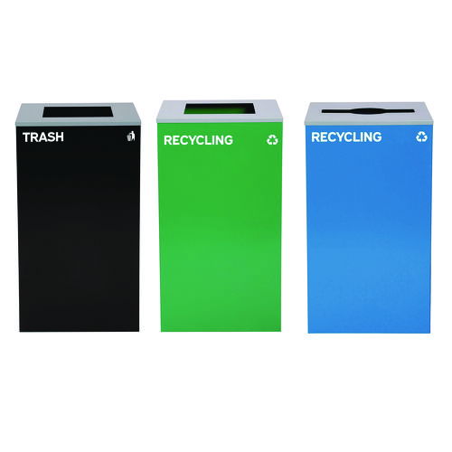 29 Gallon Trash/Recycling Cans, Steel, Blue Recycling Can w/Mixed Lid, Green Recycling Can and Black Trash Can with Sq Lid