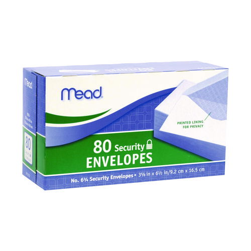Security Tint Business Envelopes, #6 3/4, Monarch Flap, Gummed Closure, 3.63 x 6.5, White, 80/Box