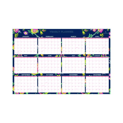 Day Designer Peyton Laminated Erasable Wall Calendar, Floral Artwork, 36 x 24, White/Navy Sheets, 12-Month (Jan to Dec): 2026