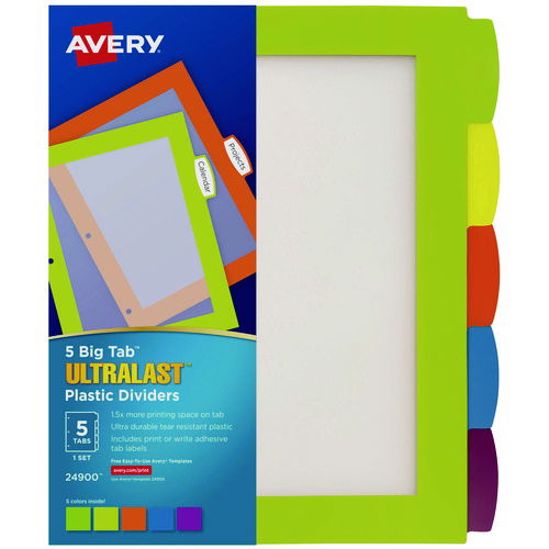 Big Tab Ultralast Plastic Dividers, 5-Tab, 11 x 8.5, Assorted, 1 Set