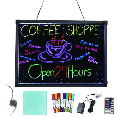 LED Illuminated Hanging Message Writing Board, Black 26" x 18" Surface, Black 27.6" x 19.7" Frame
